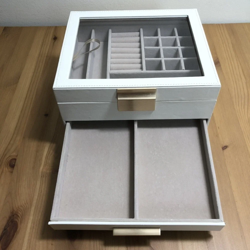 SONGMICS Jewelry Box Glass Lid 3-Layer Organizer 2 Drawers White Gold